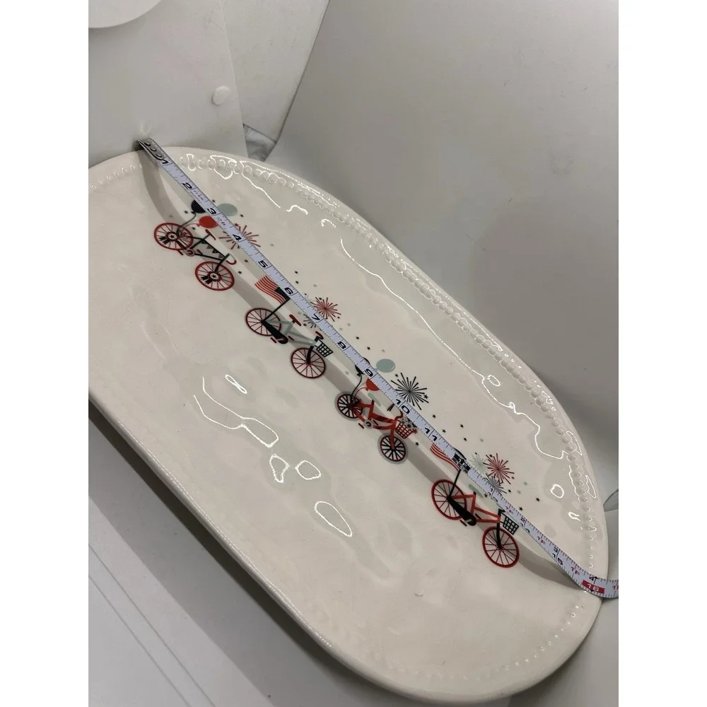 Envogue Home Patriotic Ceramic Bicycle Platter & 8 Appetizer Plates 9 Pc Set USA